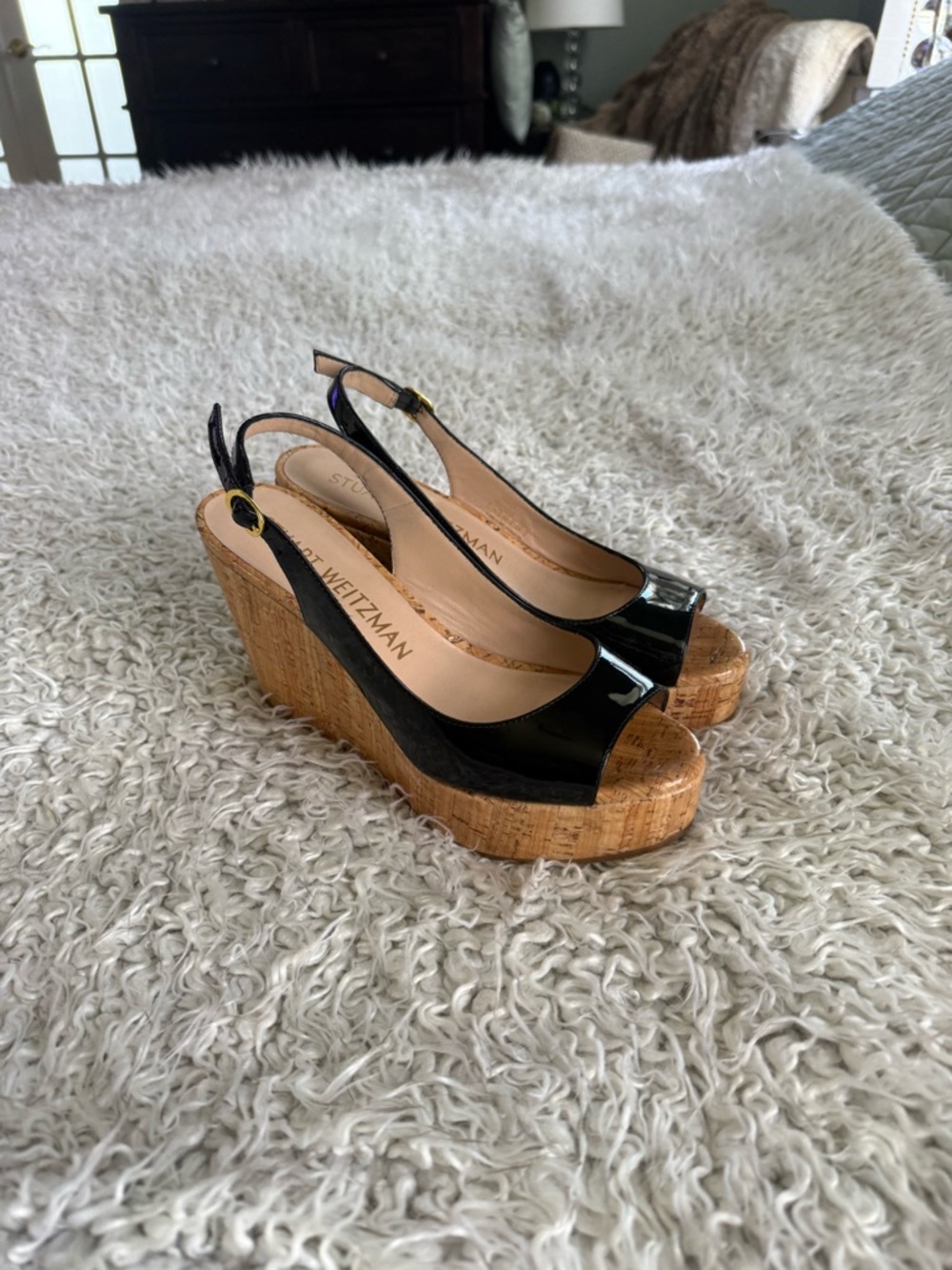 Stuart Weitzman Black Patent Cork Wedge Slingback Peep-Toe